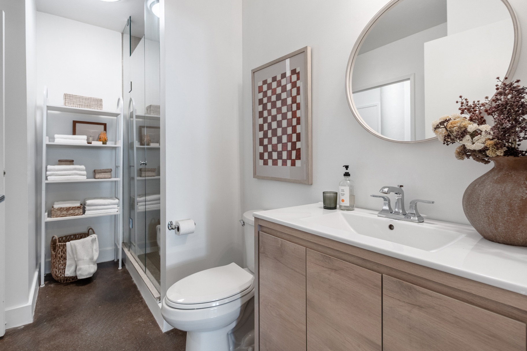 Bathroom with walk-in shower and vanity