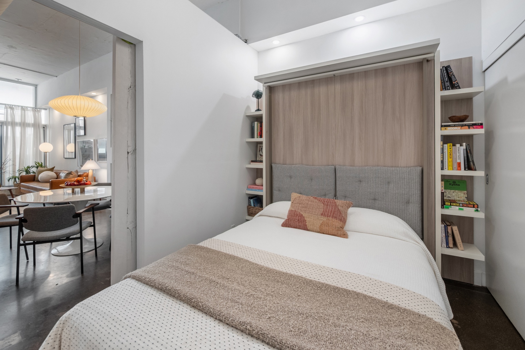 Murphy bed open with view to living area